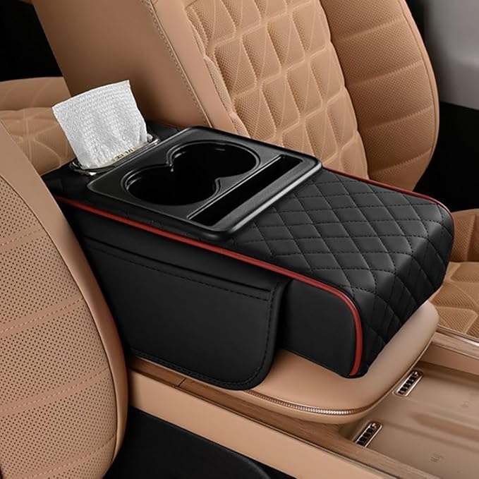 Upgrade Your Drive: Universal Armrest Cushion with Dual Cup Holders & Storage